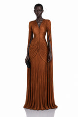 Merve Rust Brown Draped Ruched Maxi Dress