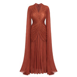 Merve Rust Brown Draped Ruched Maxi Dress