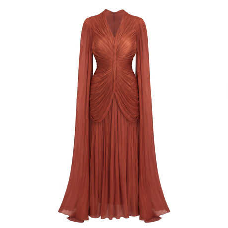 Merve Rust Brown Draped Ruched Maxi Dress