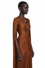 Merve Rust Brown Draped Ruched Maxi Dress