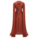 Merve Rust Brown Draped Ruched Maxi Dress