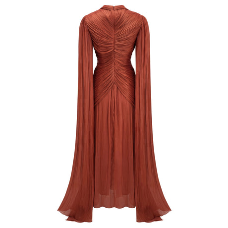 Merve Rust Brown Draped Ruched Maxi Dress