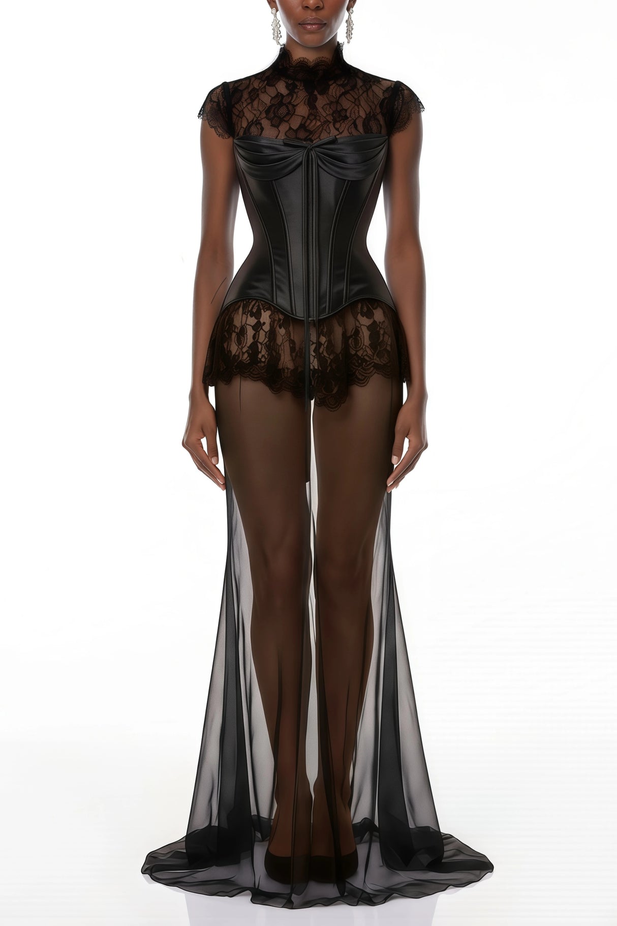 Michalina Black Lace Convertible Gown with Detachable Skirt