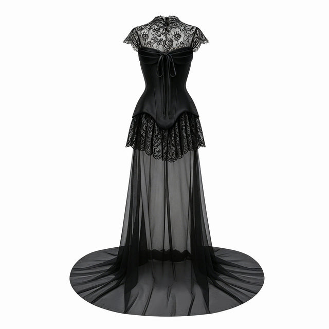 Michalina Black Lace Convertible Gown with Detachable Skirt