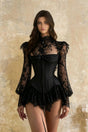 Michalina Black Lace Convertible Gown with Long Sleeves