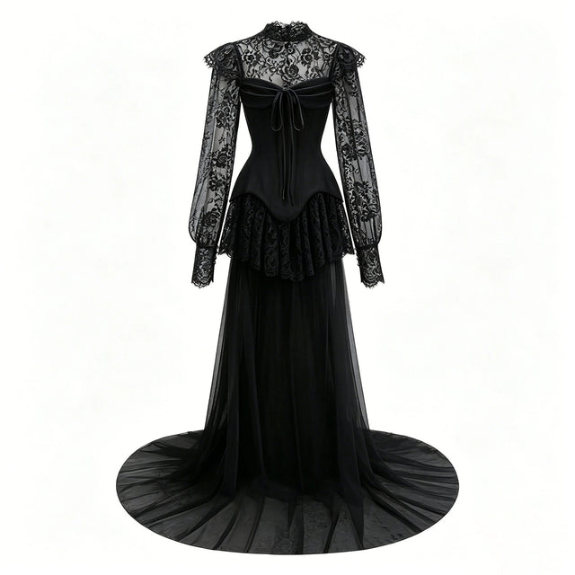 Michalina Black Lace Convertible Gown with Long Sleeves