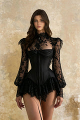 Michalina Black Lace Convertible Gown with Long Sleeves