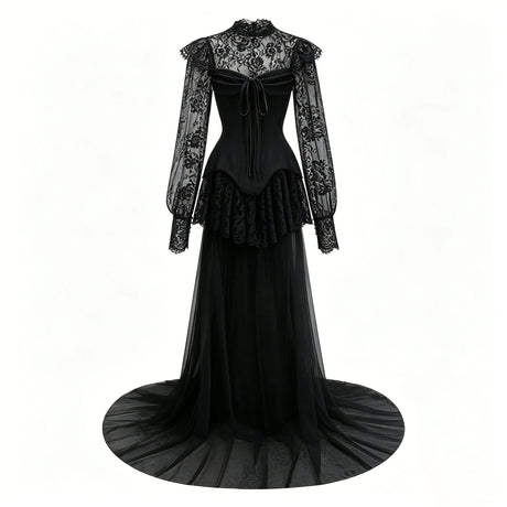 Michalina Black Lace Convertible Gown with Long Sleeves