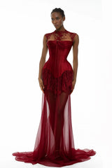 Michalina Red Lace Convertible Gown with Detachable Skirt