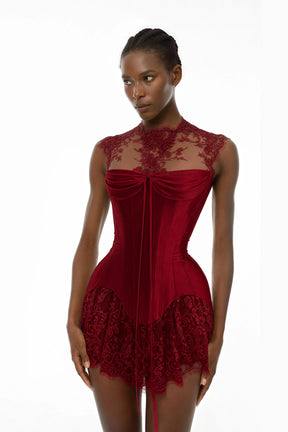 Michalina Red Lace Convertible Gown with Detachable Skirt
