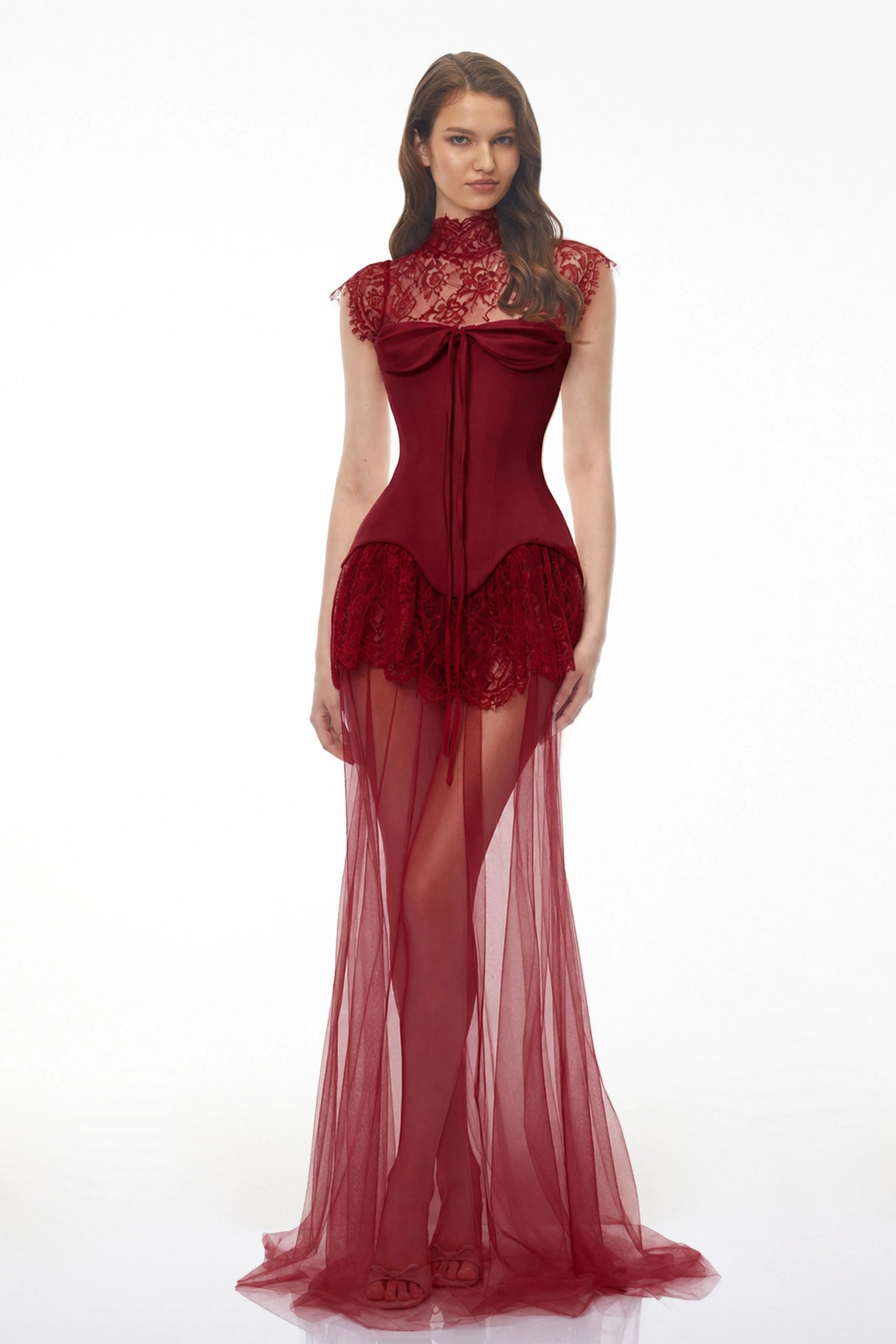 Michalina Red Lace Convertible Gown with Detachable Skirt