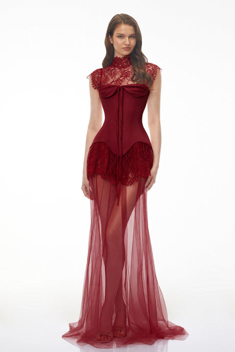 Michalina Red Lace Convertible Gown with Detachable Skirt