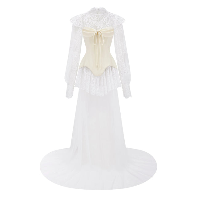 Michalina White Lace Convertible Gown with Long Sleeves