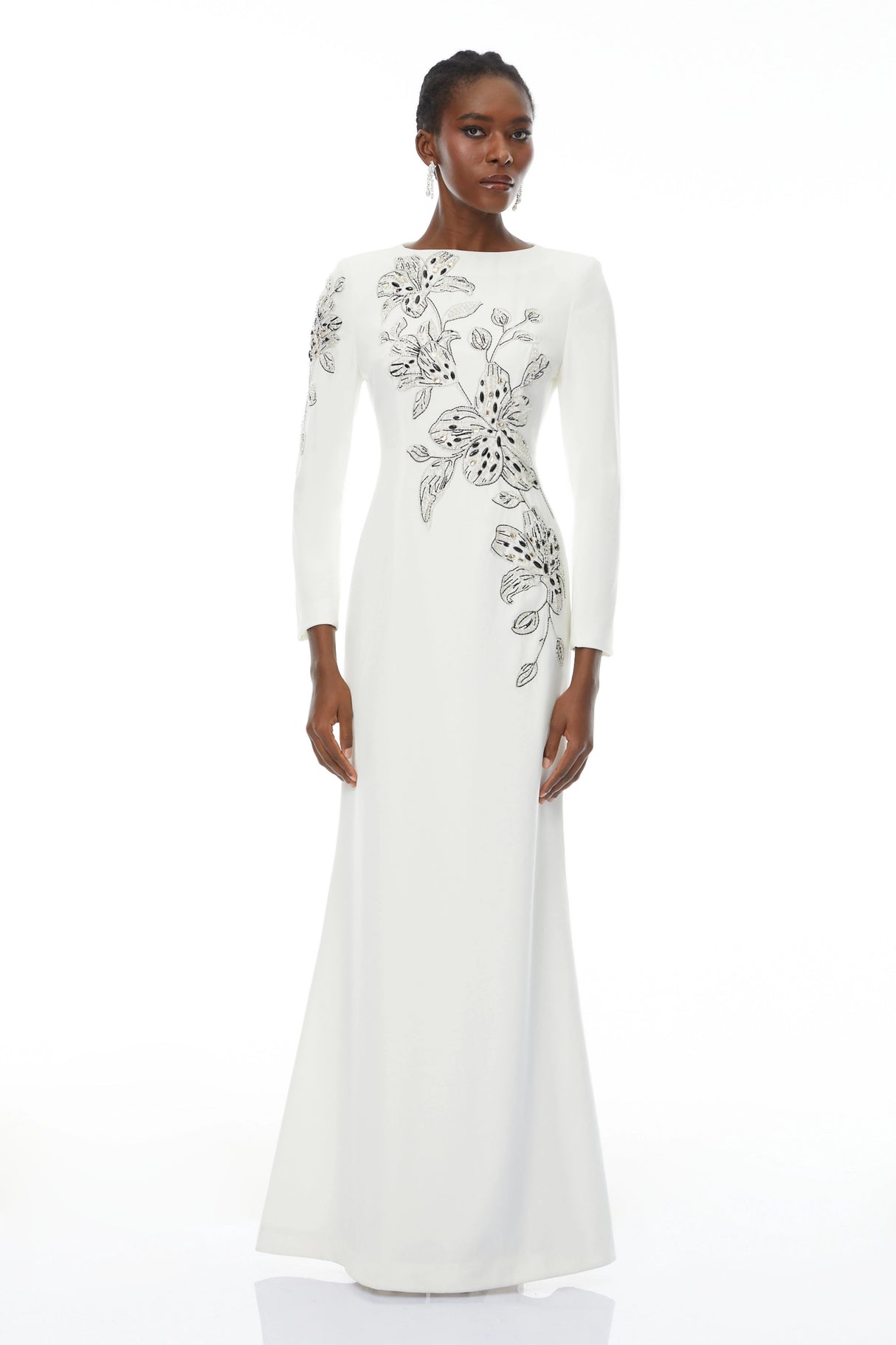 Michele White Embellished Maxi Gown with Floral Embroidered
