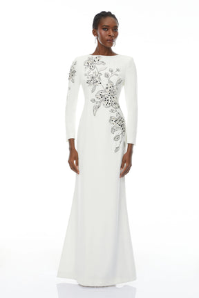 Michele White Embellished Maxi Gown with Floral Embroidered