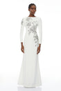 Michele White Embellished Maxi Gown with Floral Embroidered