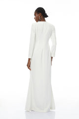 Michele White Embellished Maxi Gown with Floral Embroidered