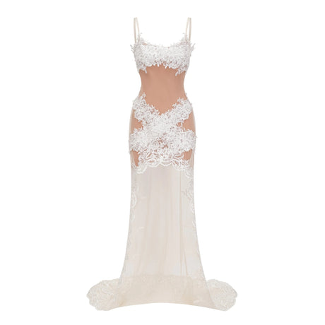 Mieke White SemiSheer Lace Maxi Dress