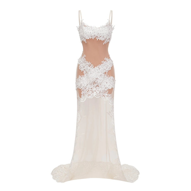 Mieke White SemiSheer Lace Maxi Dress