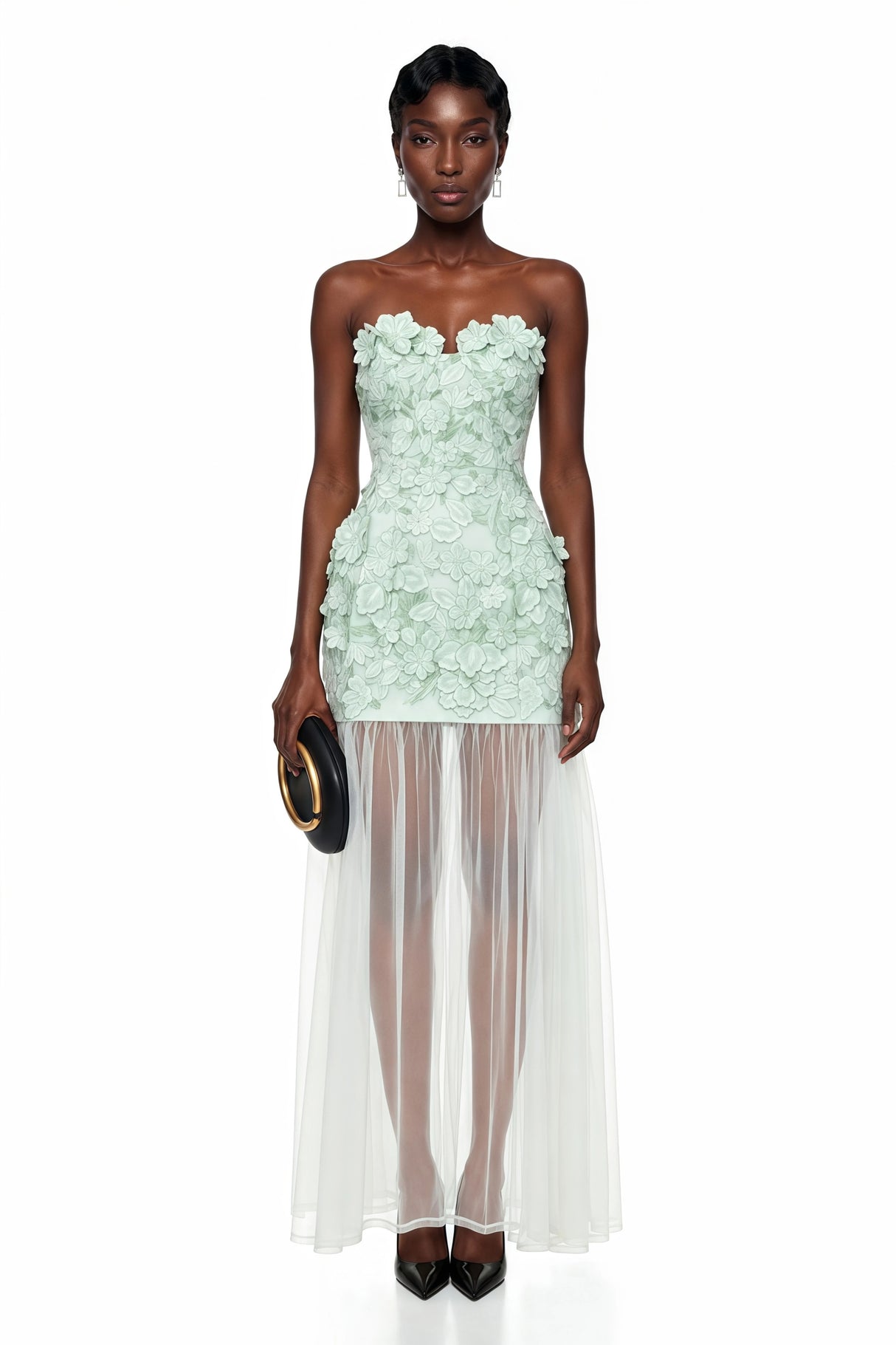 Mikaere Green Off Shoulder Maxi Dress with 3D Florals