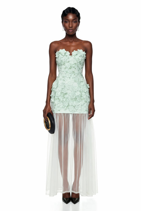 Mikaere Green Off Shoulder Maxi Dress with 3D Florals