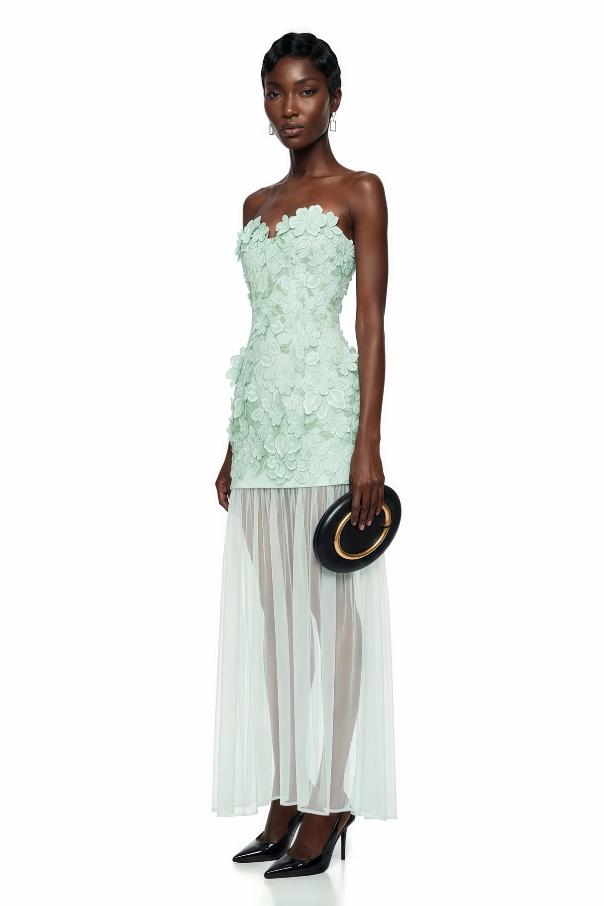 Mikaere Green Off Shoulder Maxi Dress with 3D Florals