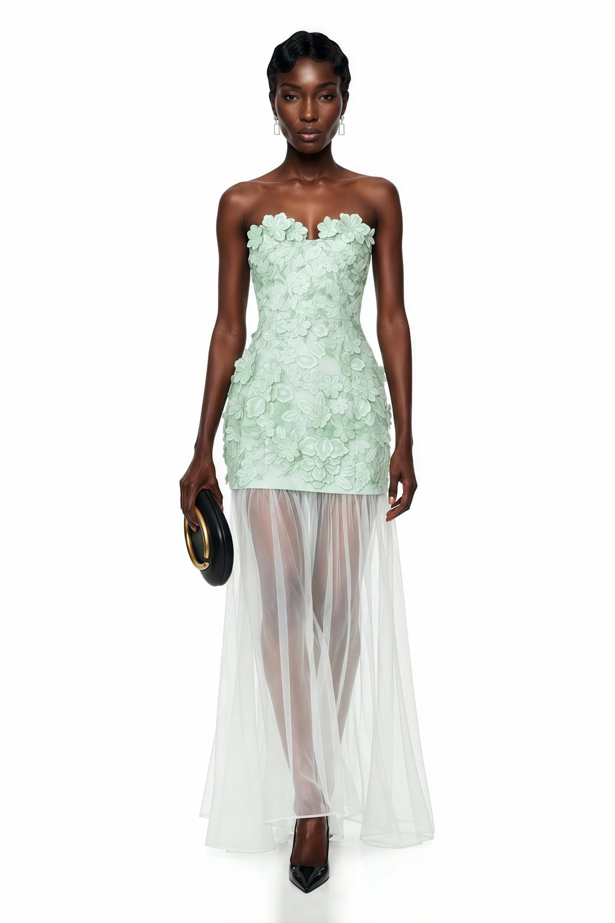 Mikaere Green Off Shoulder Maxi Dress with 3D Florals