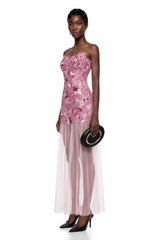 Mikaere Pink Off Shoulder Maxi Dress with 3D Florals