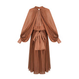 Mila Brown Pleated Satin Maxi Dress