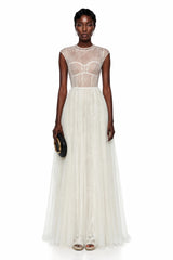 Mila Cream SemiSheer Tulle Midi Dress