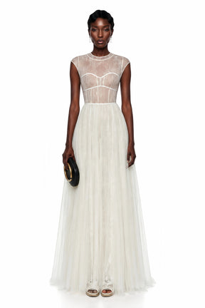 Mila Cream SemiSheer Tulle Midi Dress