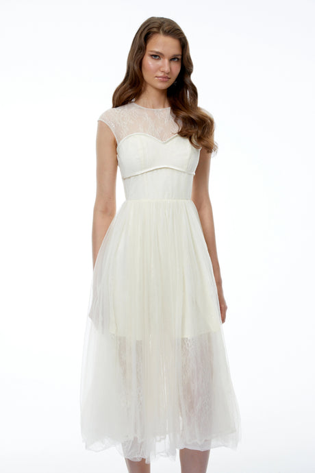 Mila Cream SemiSheer Tulle Midi Dress