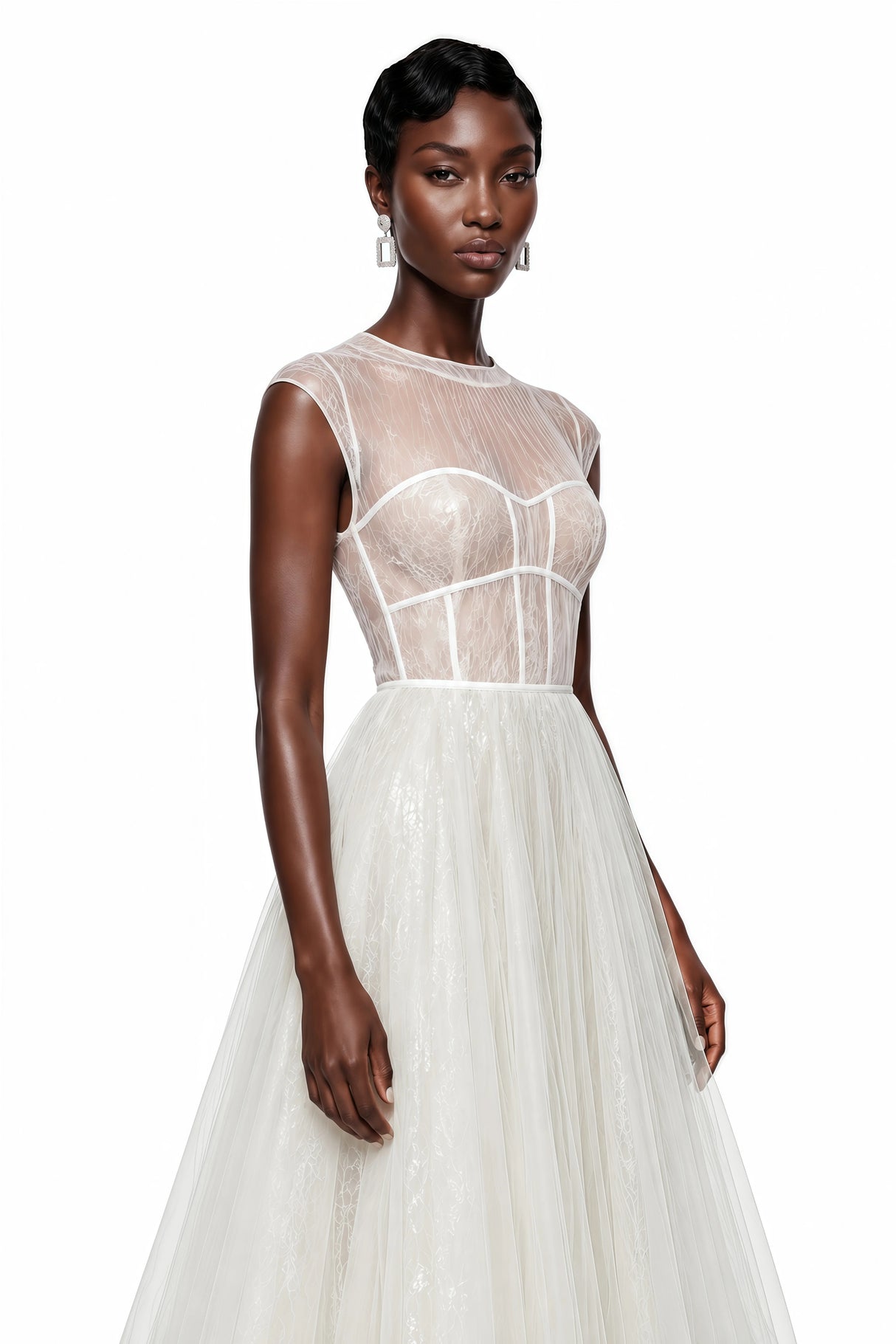 Mila Cream SemiSheer Tulle Midi Dress