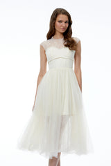 Mila Cream SemiSheer Tulle Midi Dress