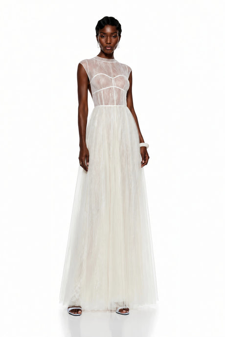 Mila Cream SemiSheer Tulle Midi Dress