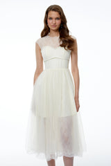 Mila Cream SemiSheer Tulle Midi Dress