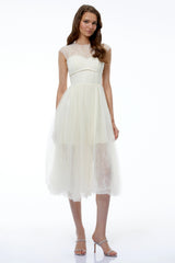Mila Cream SemiSheer Tulle Midi Dress