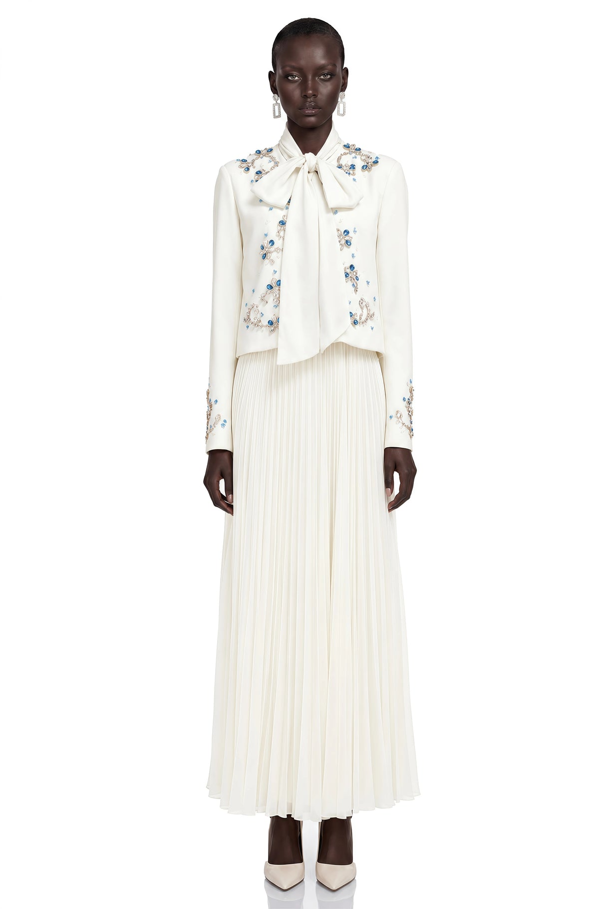 Mildred White Rhinestone Coat  Pleated Maxi Dress Set