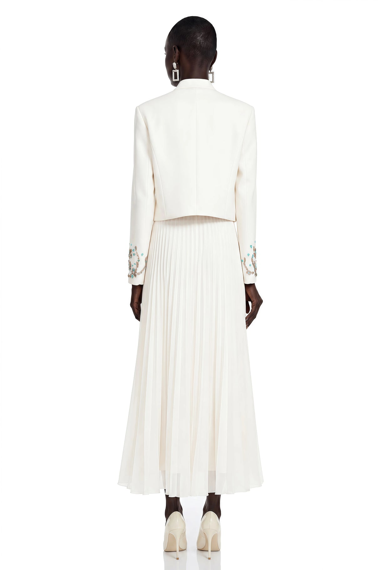 Mildred White Rhinestone Coat  Pleated Maxi Dress Set