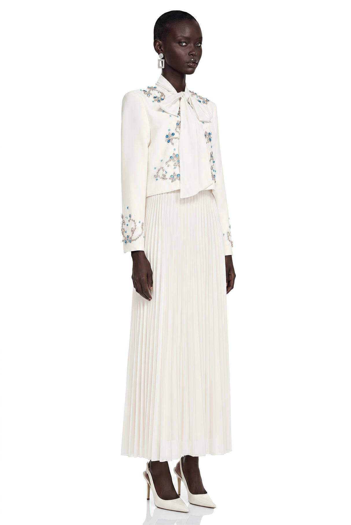 Mildred White Rhinestone Coat  Pleated Maxi Dress Set