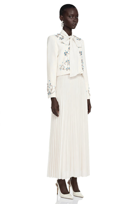 Mildred White Rhinestone Coat  Pleated Maxi Dress Set