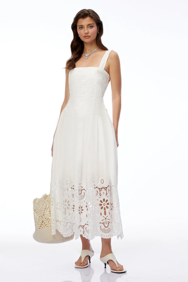 Mina White Square Neck Lace Pleated Maxi Dress