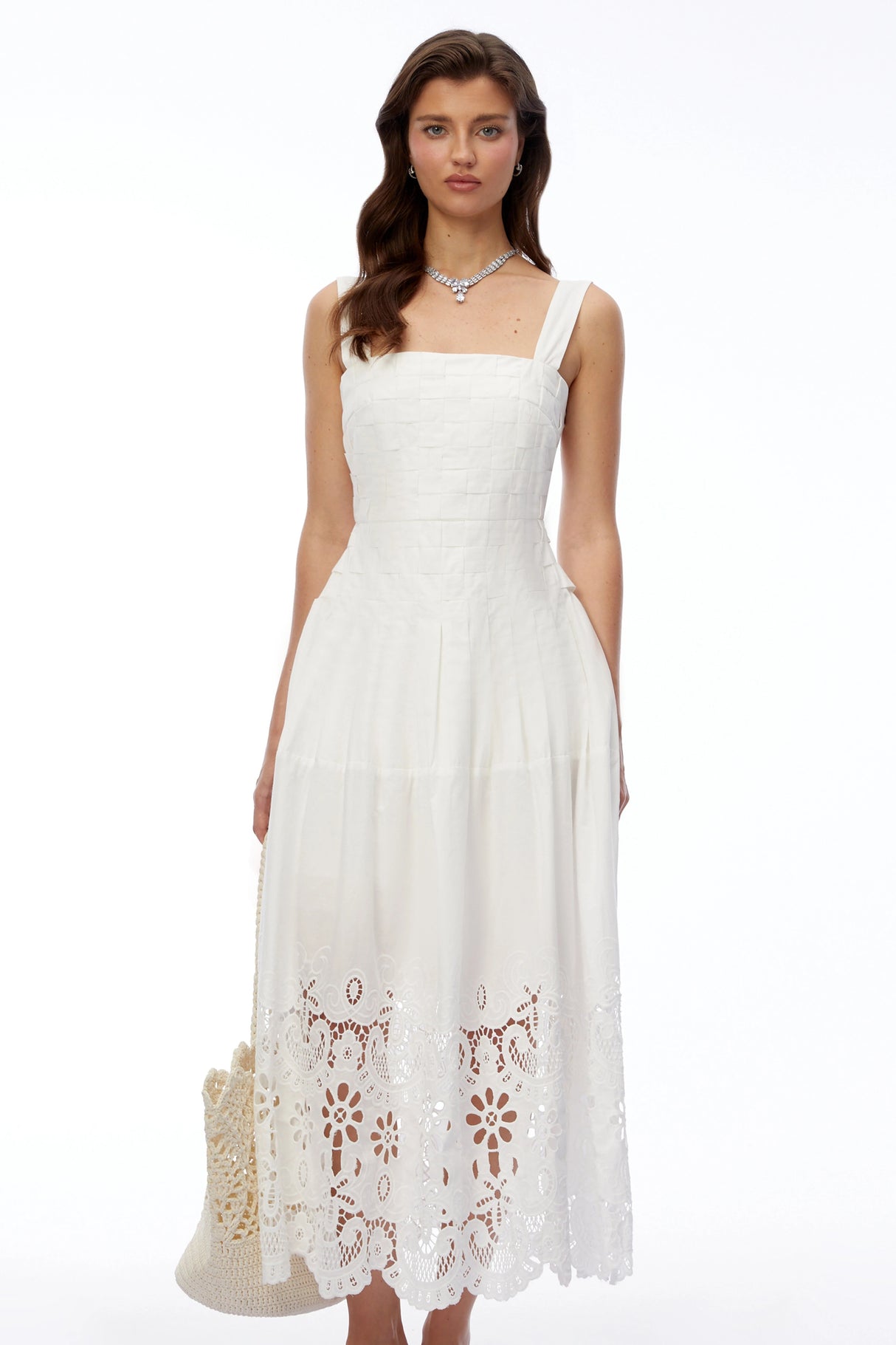 Mina White Square Neck Lace Pleated Maxi Dress