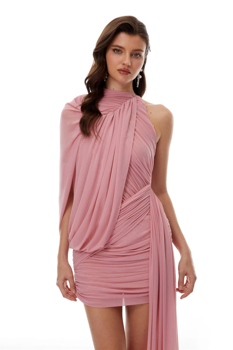 Minke Pink Asymmetrical Ruched Bodycon Mini Dress