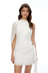 Minke White Asymmetrical Ruched Bodycon Mini Dress
