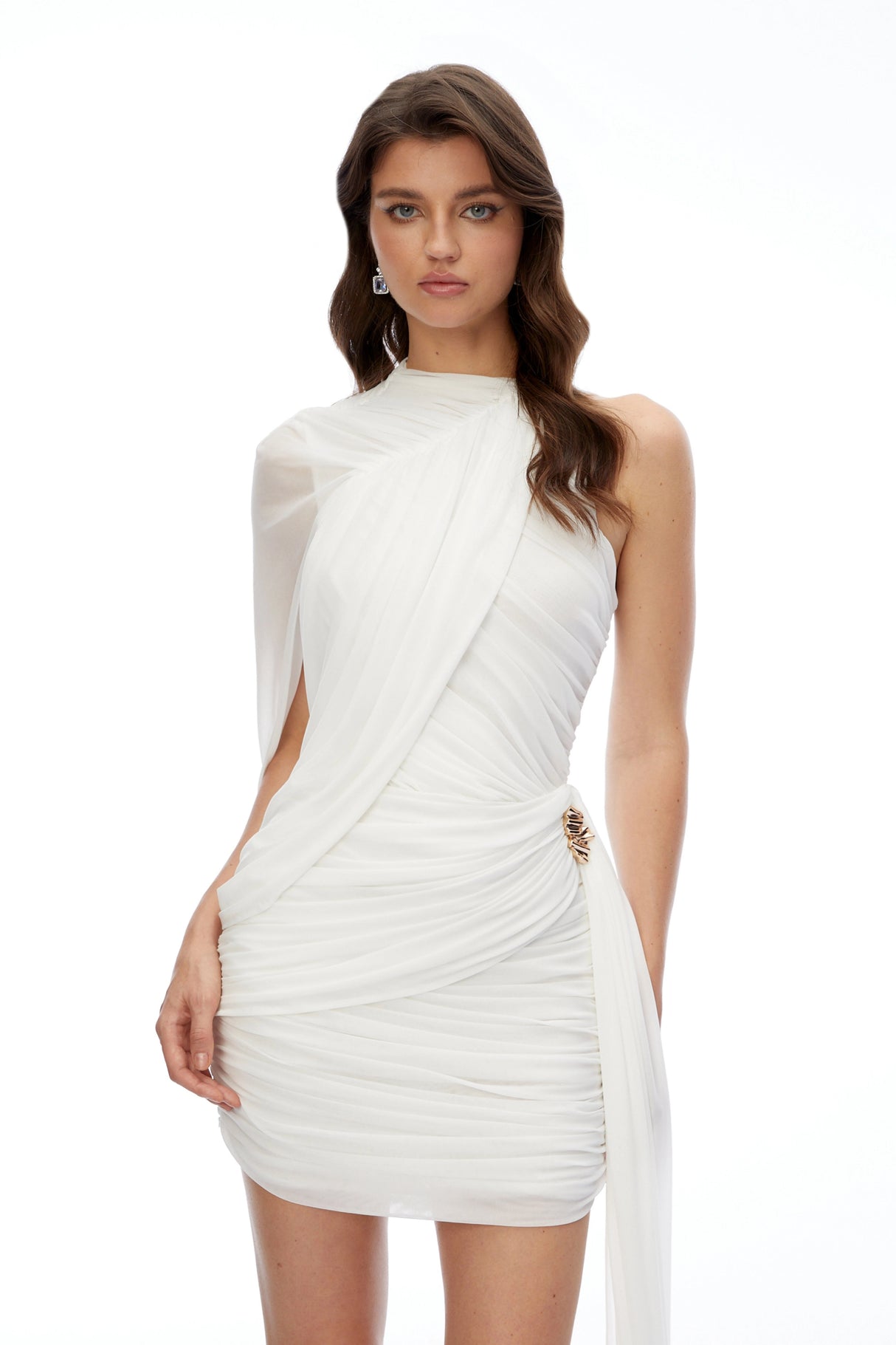 Minke White Asymmetrical Ruched Bodycon Mini Dress