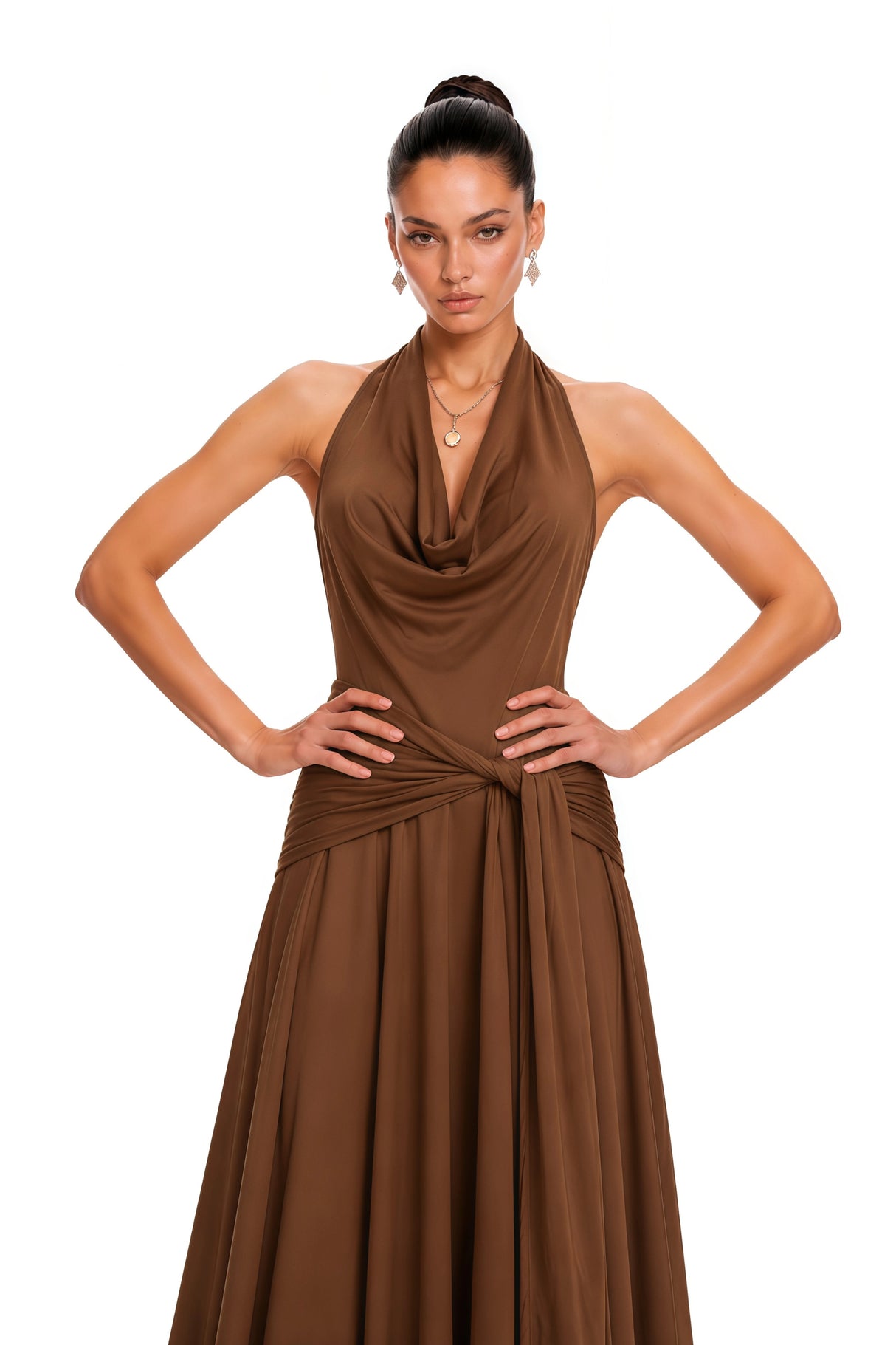 Minna Brown Halterneck Twisted Maxi Dress