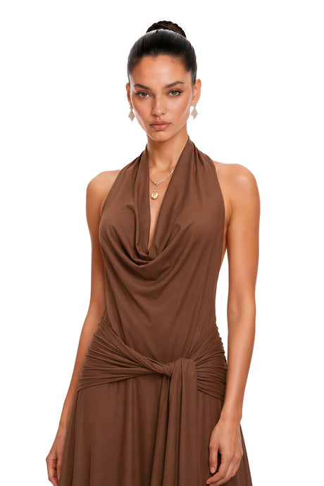 Minna Brown Halterneck Twisted Maxi Dress