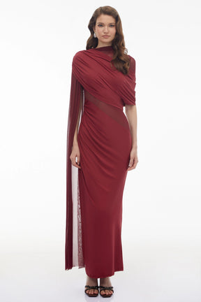 Mioara Red Asymmetrical Draped Cape Design Dress