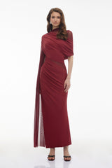 Mioara Red Asymmetrical Draped Cape Design Dress